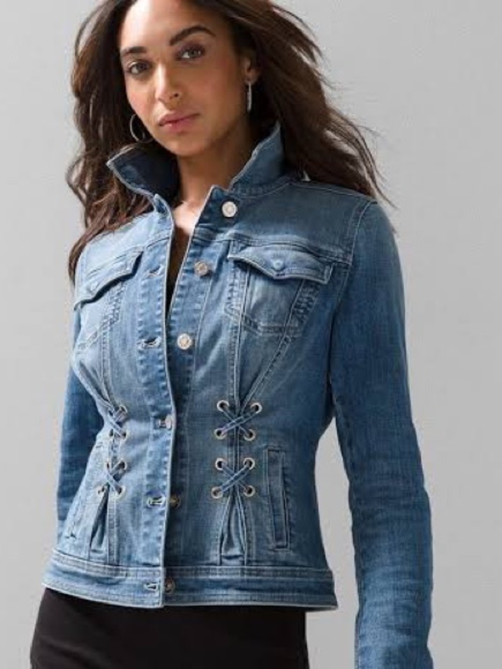 WHBM Grommet Lace-Up Corset Denim Jacket Blue XL